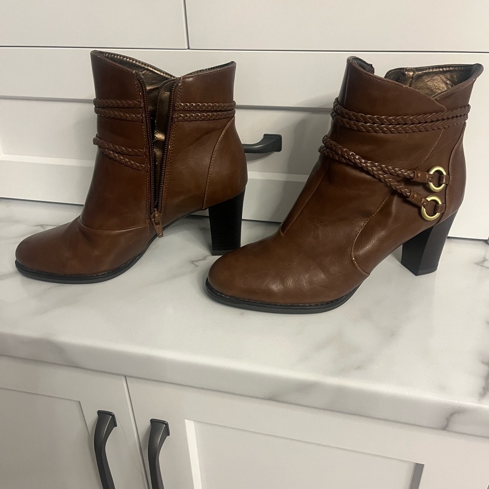 Life Stride Brown Ankle Booties with Braided Straps
